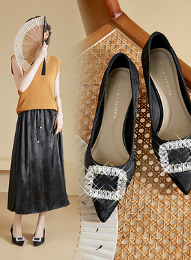 香香莉国风新中式4.5厘米高跟鞋女正品新款尖头浅口中跟鞋秋27151