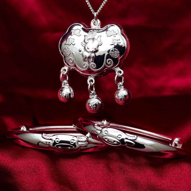 宝宝纯银锁满月长命手镯儿童婴儿足银礼物银银锁999周岁小孩银饰