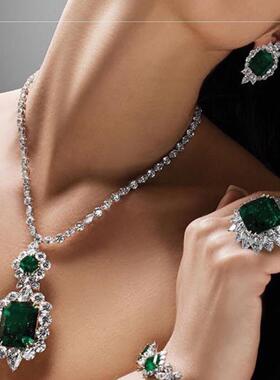 项链链祖母绿锁骨礼服锆石套装新娘晚饰品欧美耳环吊坠女纯银925