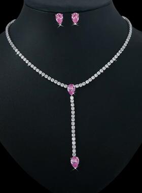 项链锆石耳环女水滴流苏套装轻奢锁骨链礼服设计气质吊坠婚纱欧美