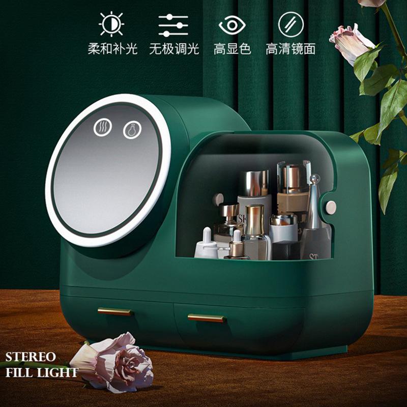 化妆收纳盒带品桌面梳妆护肤镜子台一体置物架大容量防尘箱镜家用