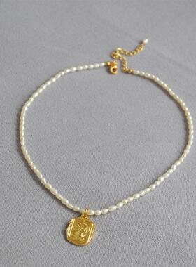 珍珠项链淡水金币法式复古小众天然浮雕头像锁骨链罗马方形优雅短