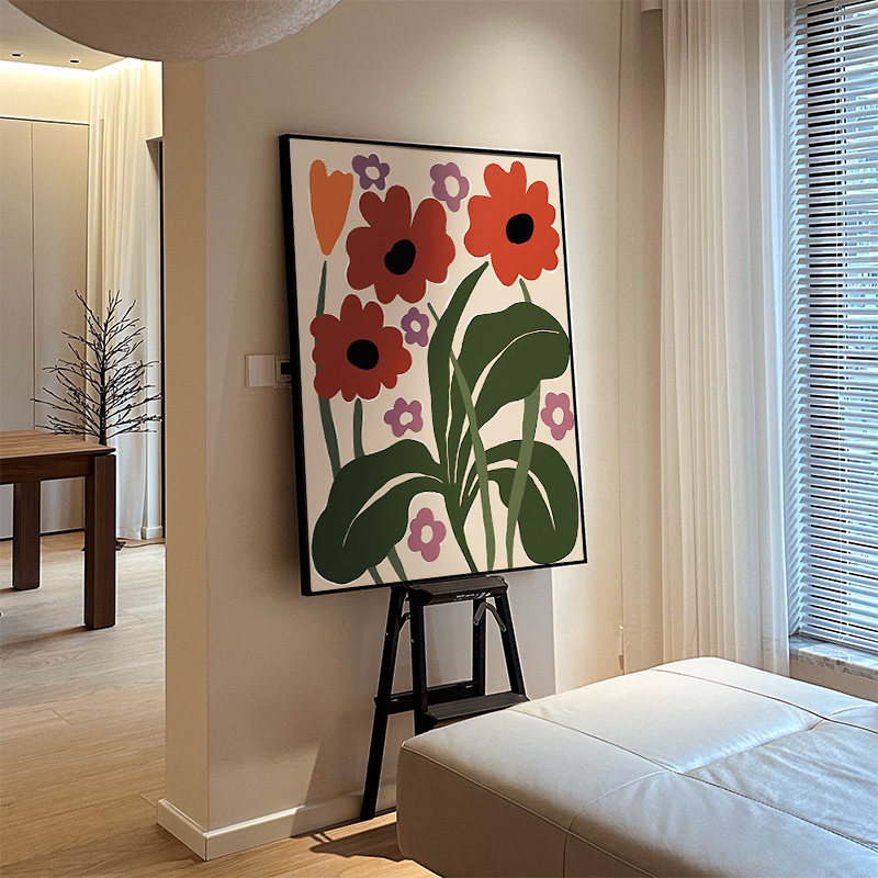 中古风红色抽象花卉ins竖版客厅装饰画沙发背景墙画小户型玄关画