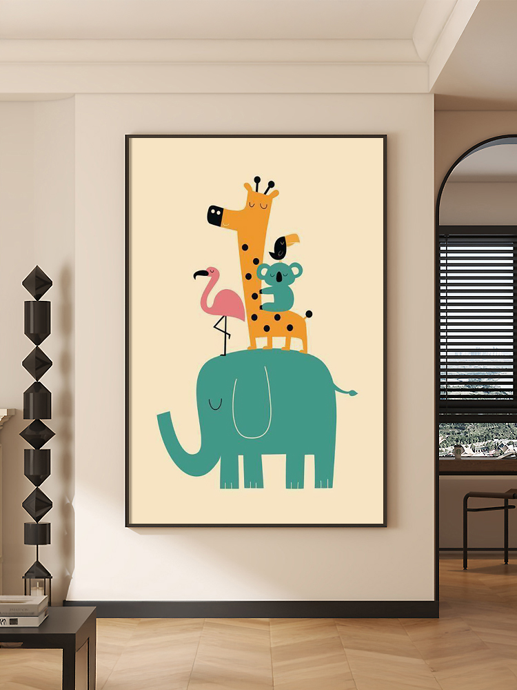 现代简约风客厅挂画卡通大象长颈鹿儿童房间卧室装饰画过道玄关画