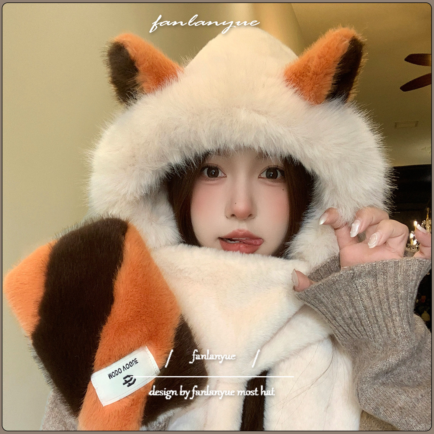 甜酷可爱狐狸耳朵毛绒帽子围巾一体女冬季保暖护耳东北滑雪雷锋帽