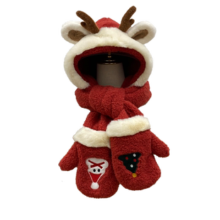 可爱圣诞麋鹿角毛绒帽子围巾手套一体帽女冬季防寒护耳红色雷锋帽