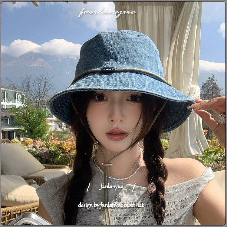 牛仔渔夫帽女日系简约百搭显脸小盆帽遮阳防晒帽大头围素颜帽子潮