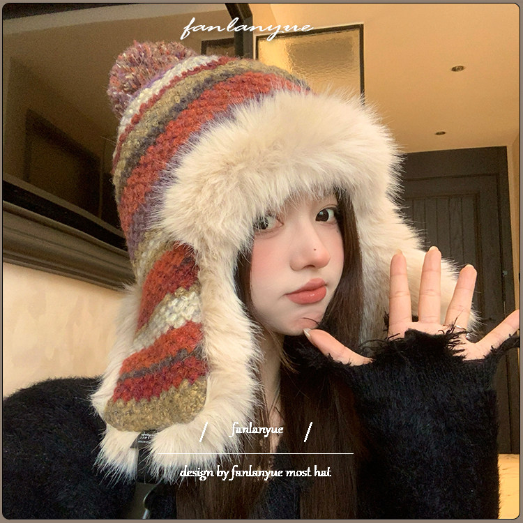 彩色条纹护耳帽女冬季显脸小加绒保暖毛绒帽东北滑雪防寒雷锋帽子