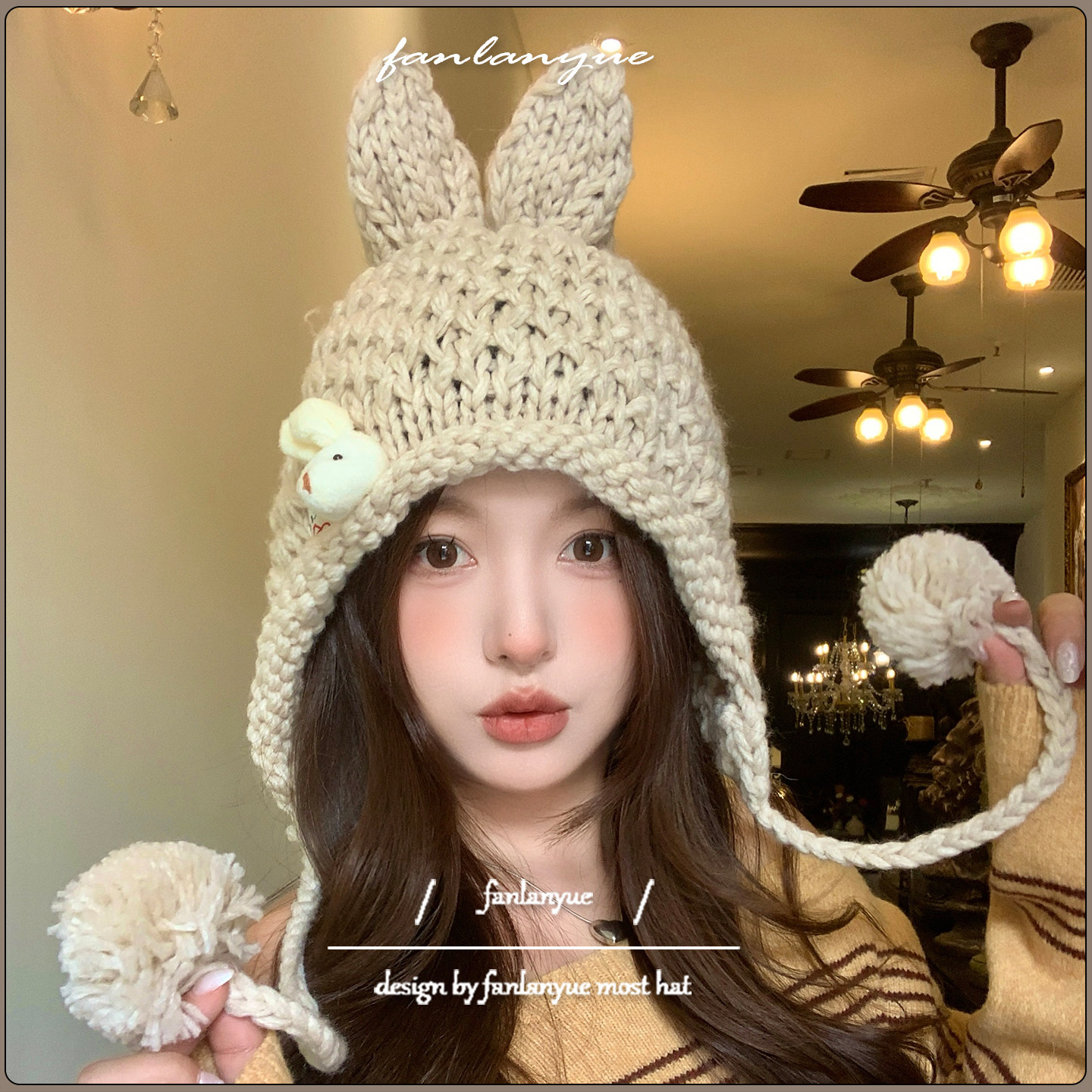 可爱兔耳朵针织帽女生秋冬保暖毛线帽显脸小百搭手工帽防寒雷锋帽