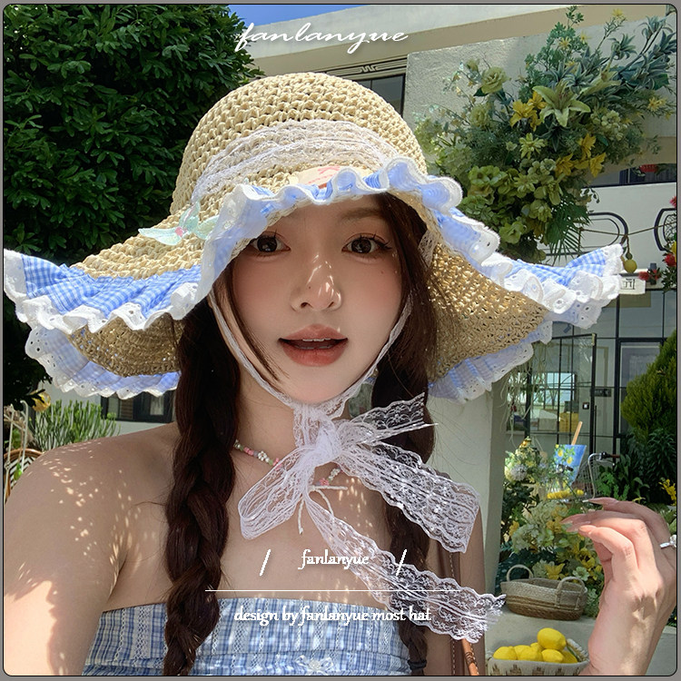 花朵蕾丝飘带草帽女夏季海边沙滩大檐遮阳防晒帽度假草编太阳帽子