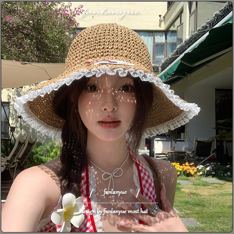 蕾丝花边草帽女夏季大檐遮阳防晒