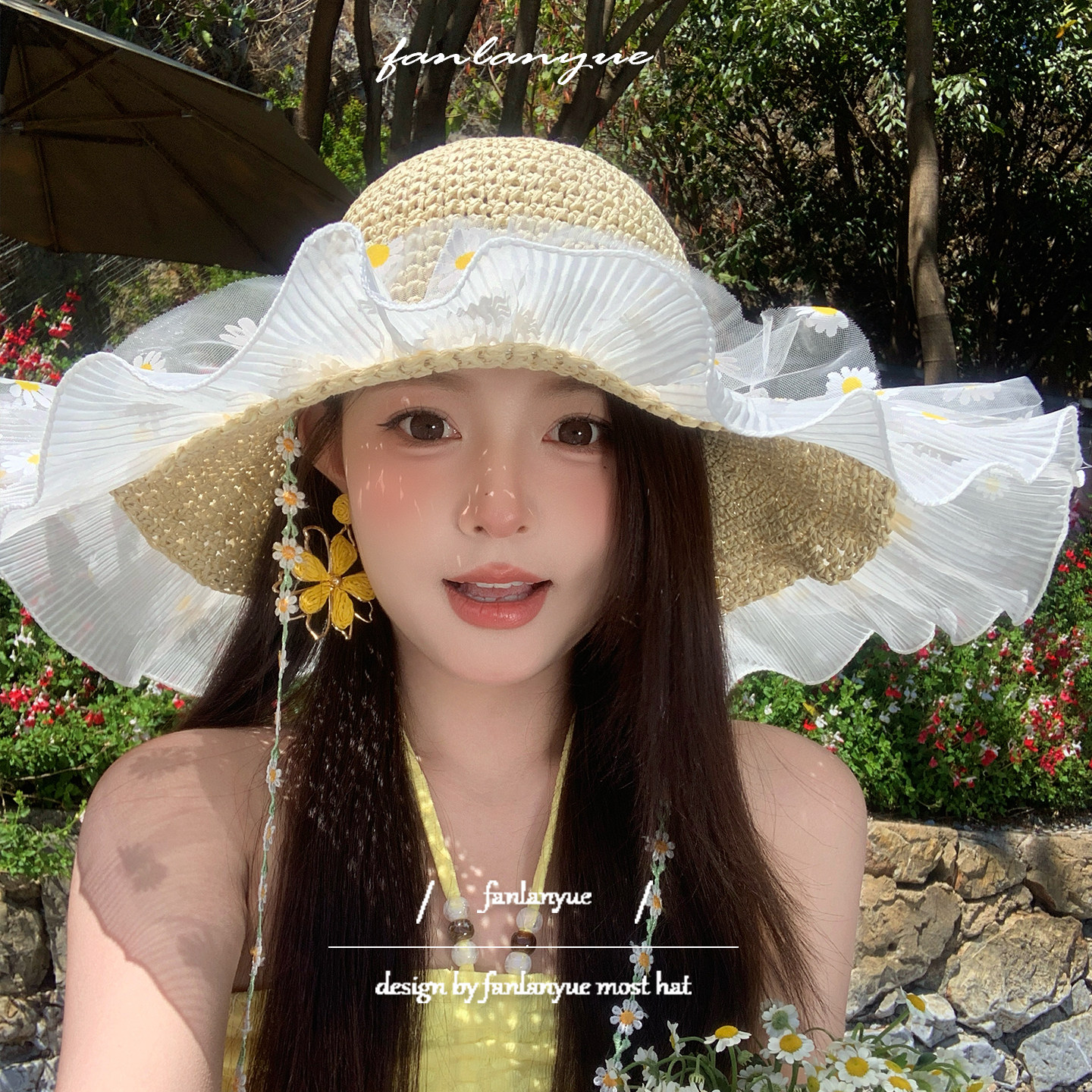 田园风蕾丝花边小雏菊草帽女夏季大檐遮脸防晒度假风拍照沙滩帽子