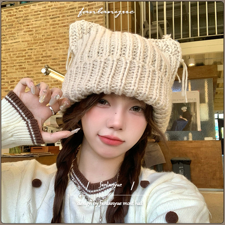日系纯色软糯针织帽子女秋冬新款加厚保暖可爱小猫耳朵包头毛线帽