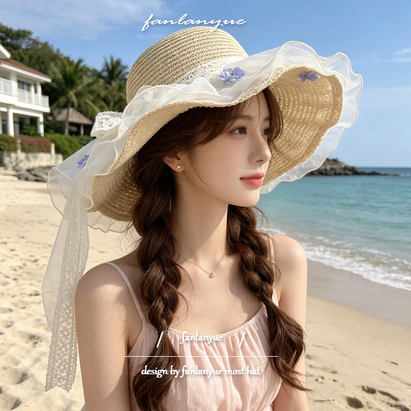 法式甜美蝴蝶结蕾丝草帽女夏季大檐海边防晒遮阳沙滩帽波浪边凉帽