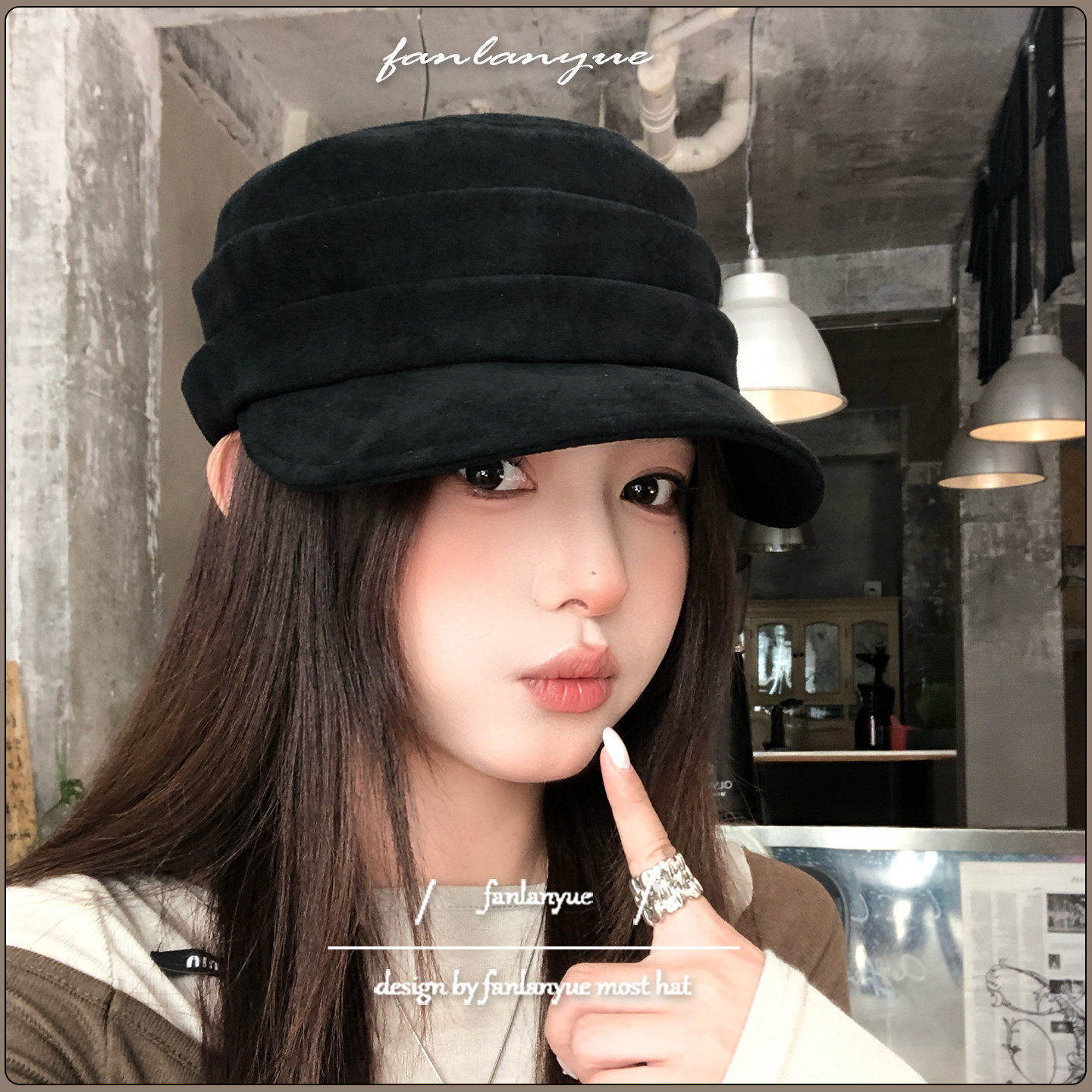 麂皮绒八角鸭舌帽女秋冬百搭显脸小平顶黑色帽子简约纯色报童帽潮