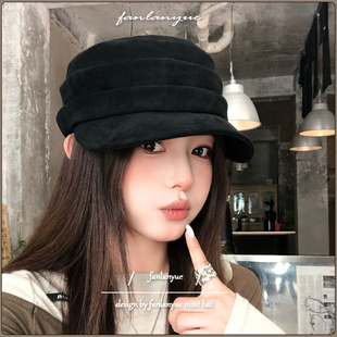 麂皮绒八角鸭舌帽女秋冬百搭显脸小平顶黑色帽子简约纯色报童帽潮