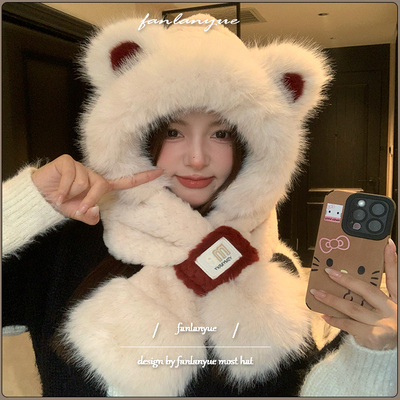 小熊耳朵毛绒帽子围巾女冬季新款双层加厚保暖防寒骑行防寒雷锋帽