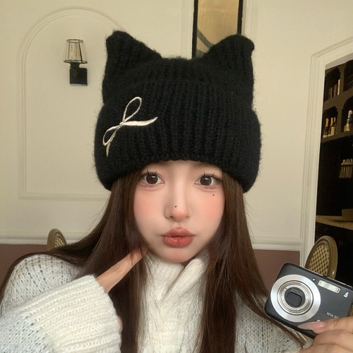 日系可爱猫耳蝴蝶结针织毛线帽女秋冬百搭时尚柔软马海毛针织帽子