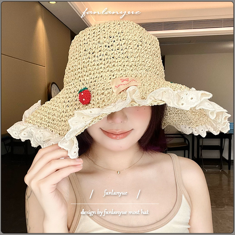 草莓蕾丝草帽女夏季海边沙滩大檐遮阳防晒帽度假草编太阳帽子