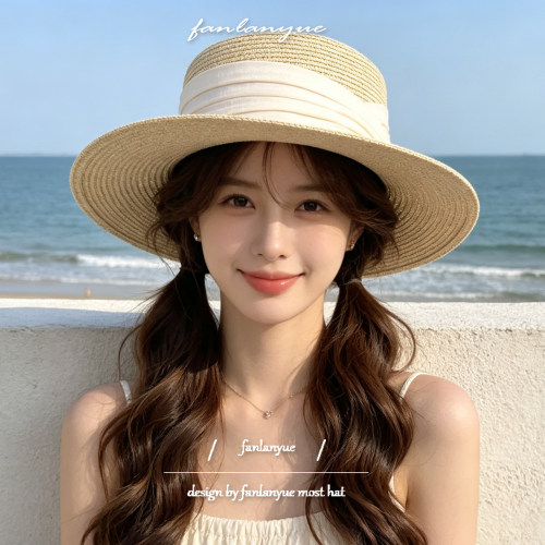 法式草编平顶帽女夏季海边度假大檐遮阳防晒帽藤井树同款太阳帽子