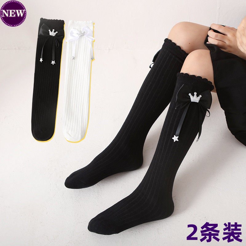 女孩袜子过膝中筒袜纯棉儿童白色蝴蝶结长筒袜公主宝宝半截小腿袜