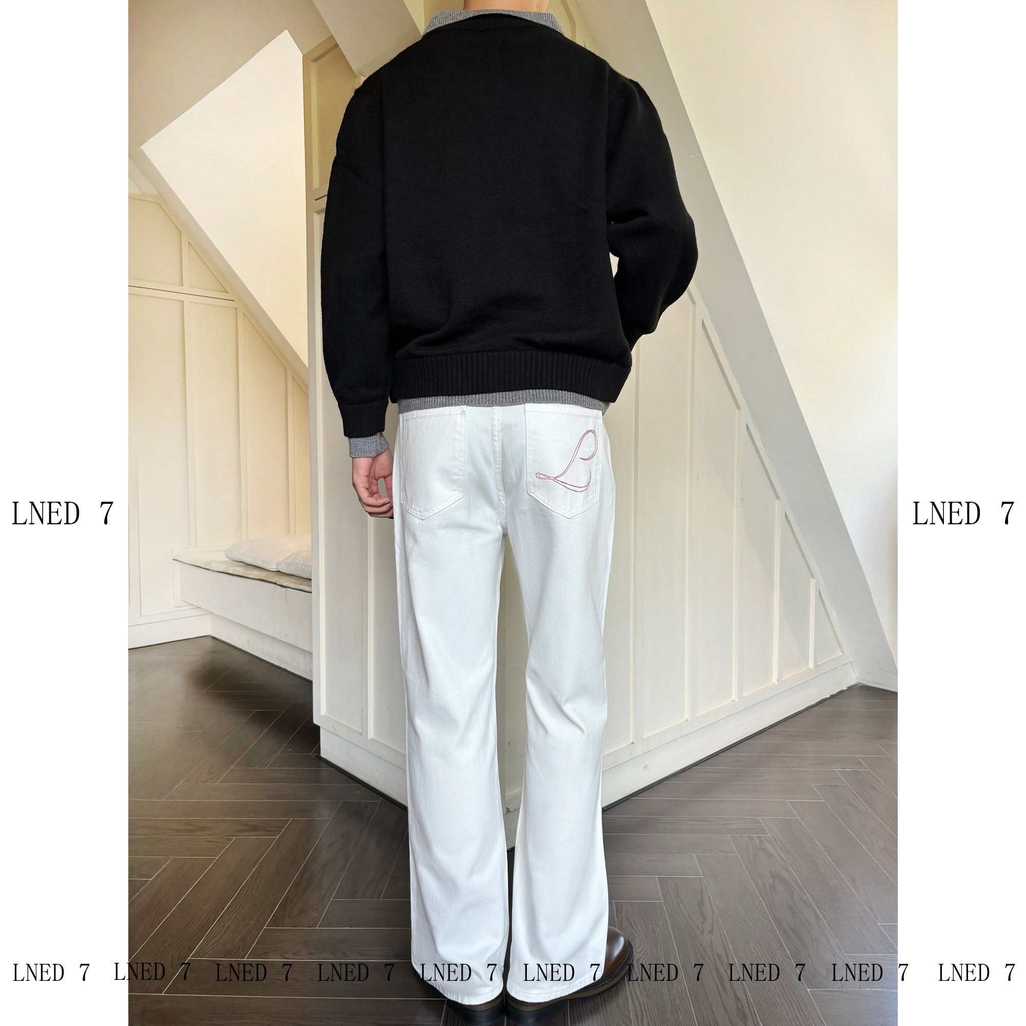 LNED7 春季后口袋刺绣设计直筒宽松牛仔裤cleanfit纯棉牛仔裤男