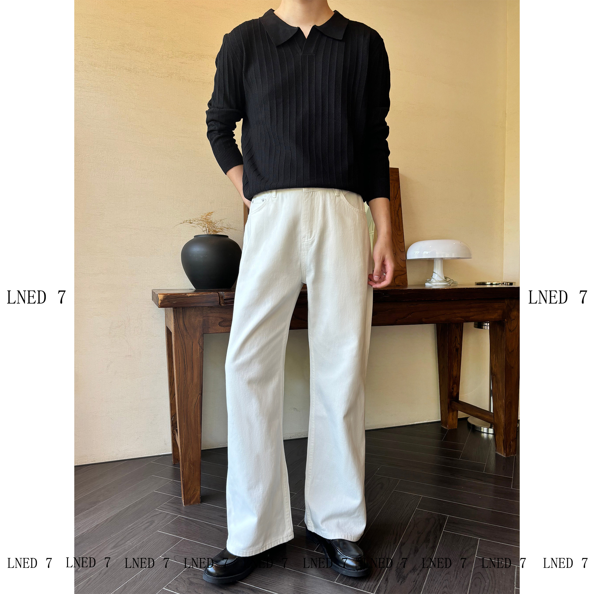 LNED7 春季A字宽松直筒100纯棉牛仔裤白色cleanfit四季牛仔裤男