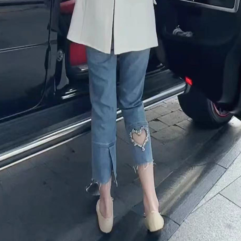 大码女装2025新款夏季高腰弹力九分牛仔裤女胖妹妹显瘦烟管裤子女