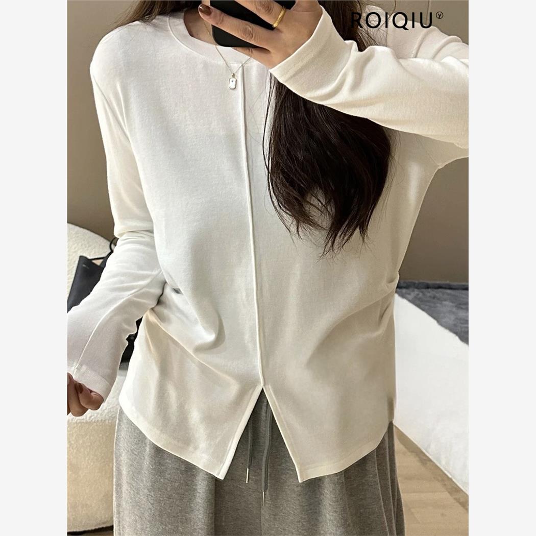 大码女装2025春秋胖妹妹下摆开叉显瘦百搭正肩长袖T恤打底衫上衣