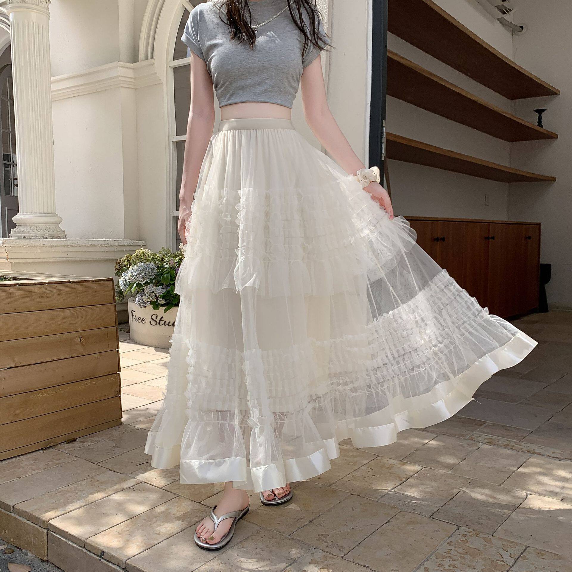 韩版网纱裙层层蛋糕半身裙女春夏新款新款高腰遮胯A字长裙纱裙子