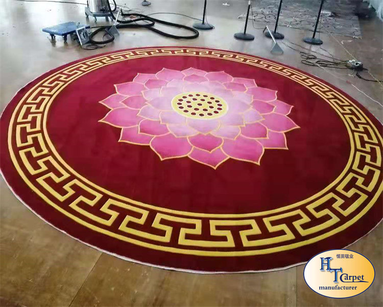钢琴会议室羊毛圆形椭圆红色荷花牡丹花新古典餐厅客厅地毯定制