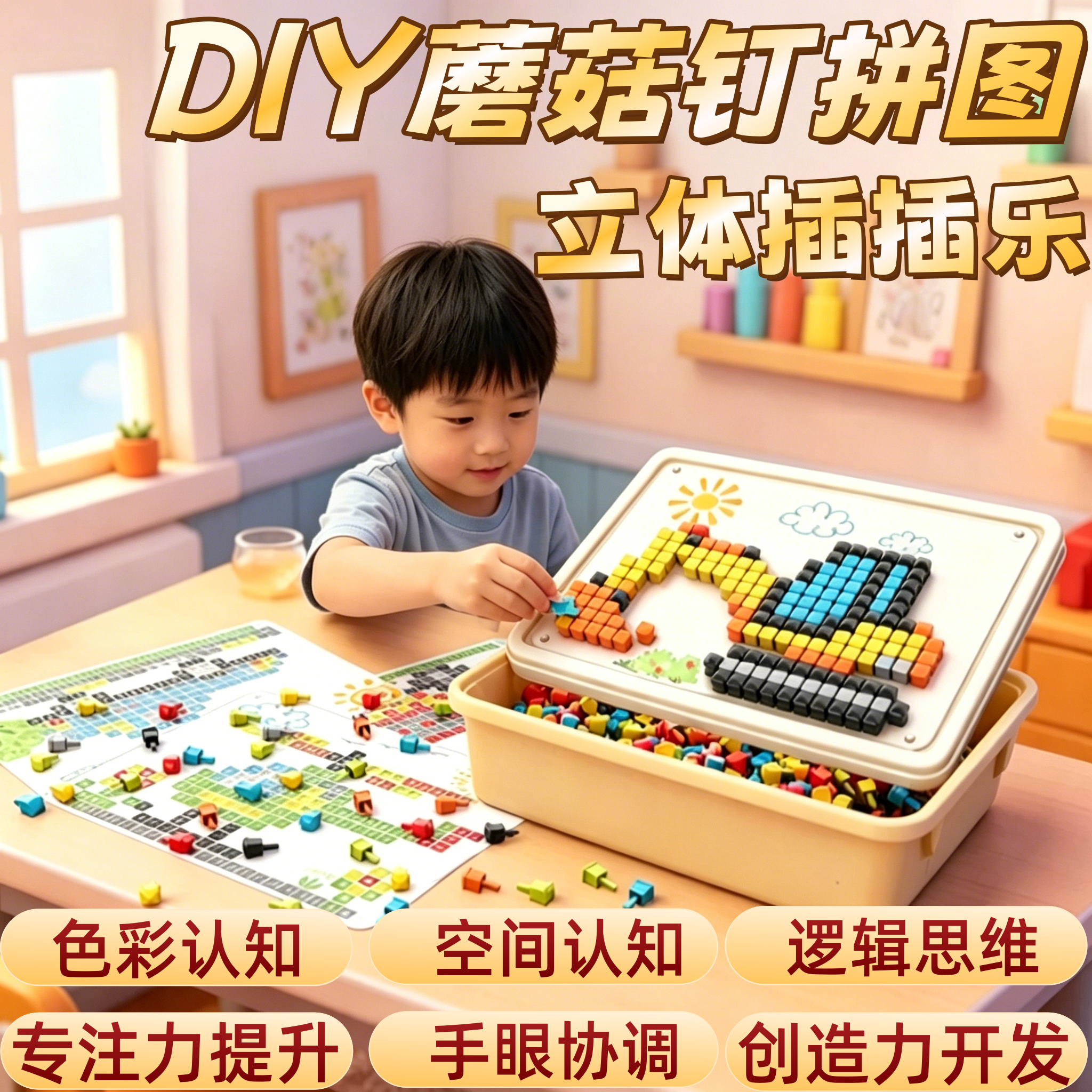 蘑菇钉益智玩具3diy立体插插乐儿童手工大颗粒创意拼图专注力训练