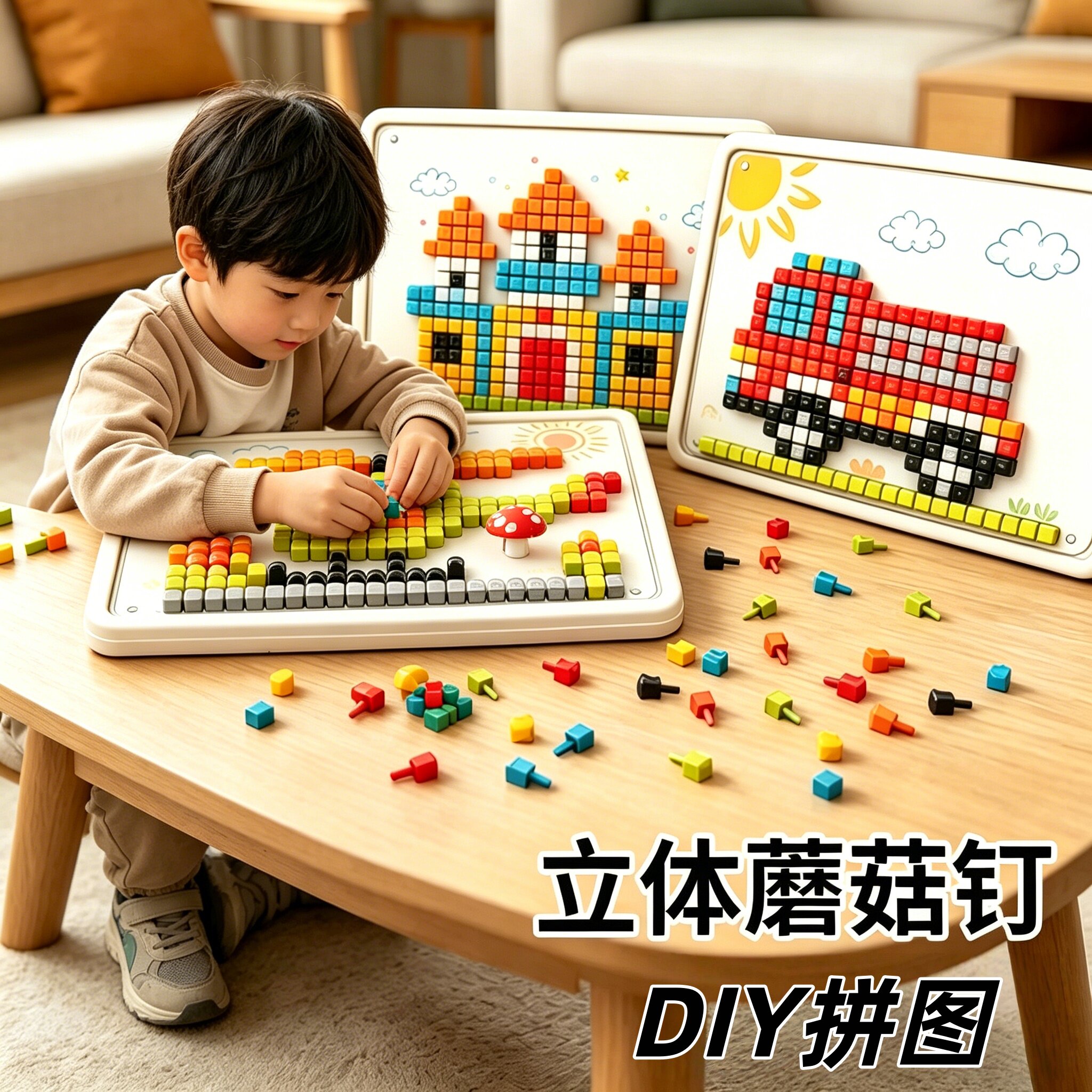 手工立体蘑菇钉儿童拼图插插乐玩具大颗粒拼豆专注力训练生日礼物