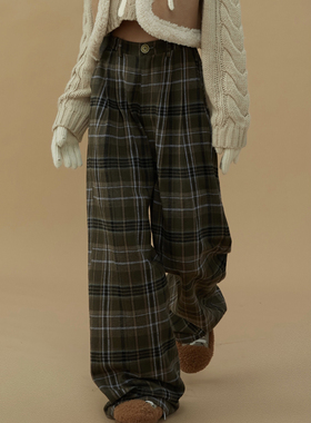 PABO笨狗复古穿搭一条就够棕绿格纹直筒休闲拖地格子裤松弛百搭冬