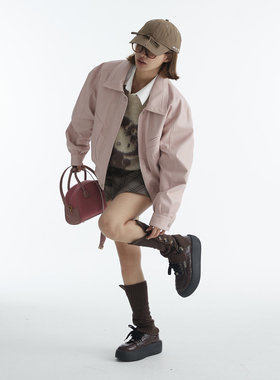 PABO笨狗粉雾蔷薇复古翻领夹克微茧型轮廓廓形宽松显瘦皮衣外套