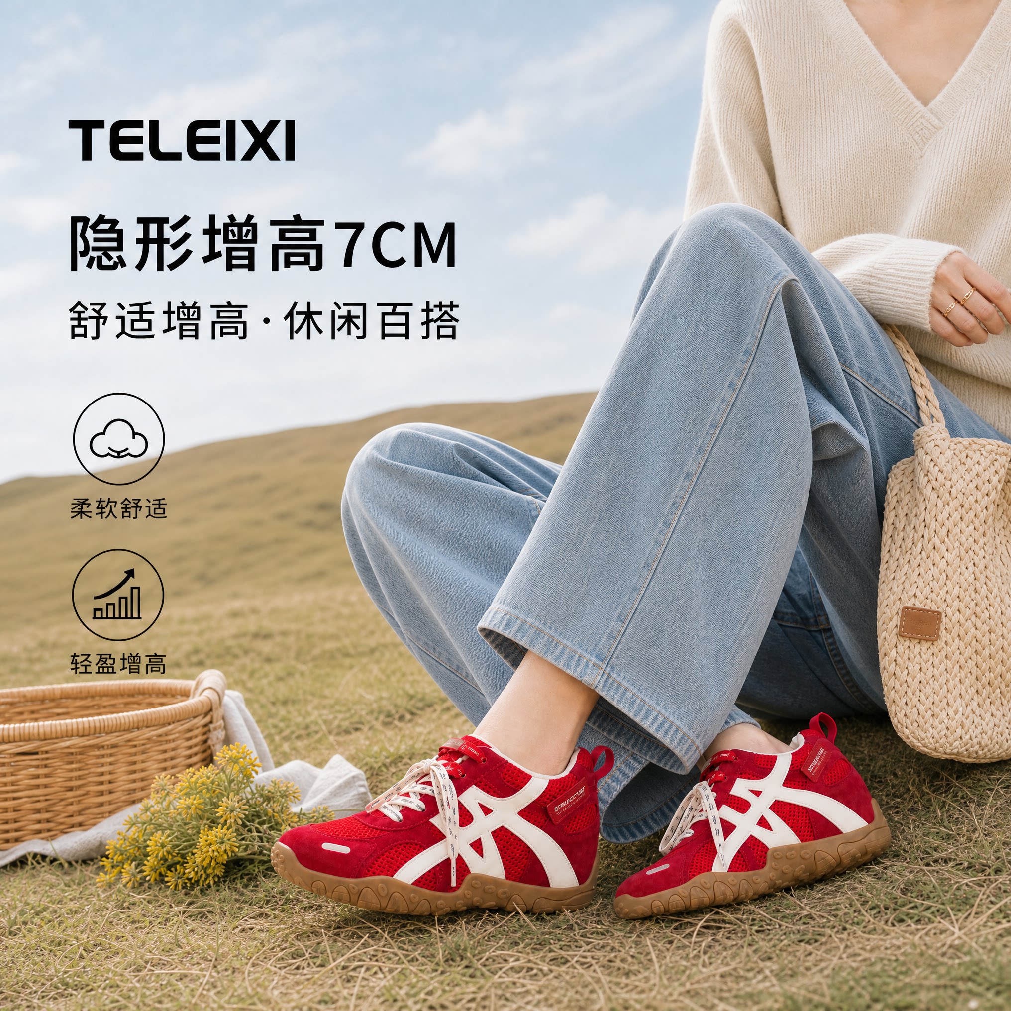 TELEIXI专业内增高女鞋7CM复古红色德训鞋女小个子厚底阿甘鞋运动