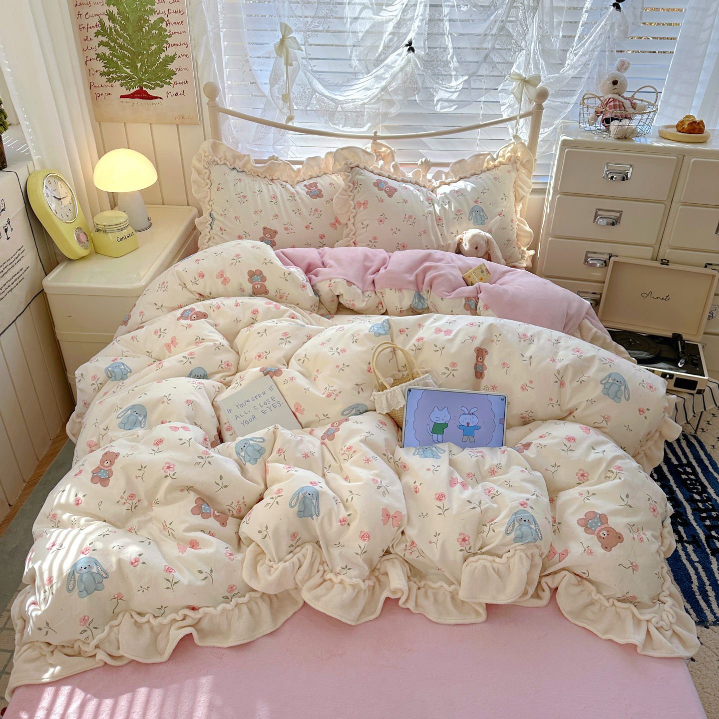 四件套冬季纯棉加绒花边款ins风床单被套保暖套件床上用品