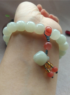 天然和田玉手链青海料青白玉桶珠