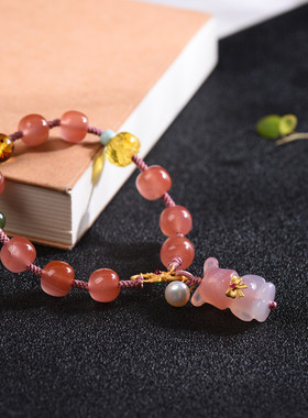 南红7*8MM手链女编织粉色手绳送