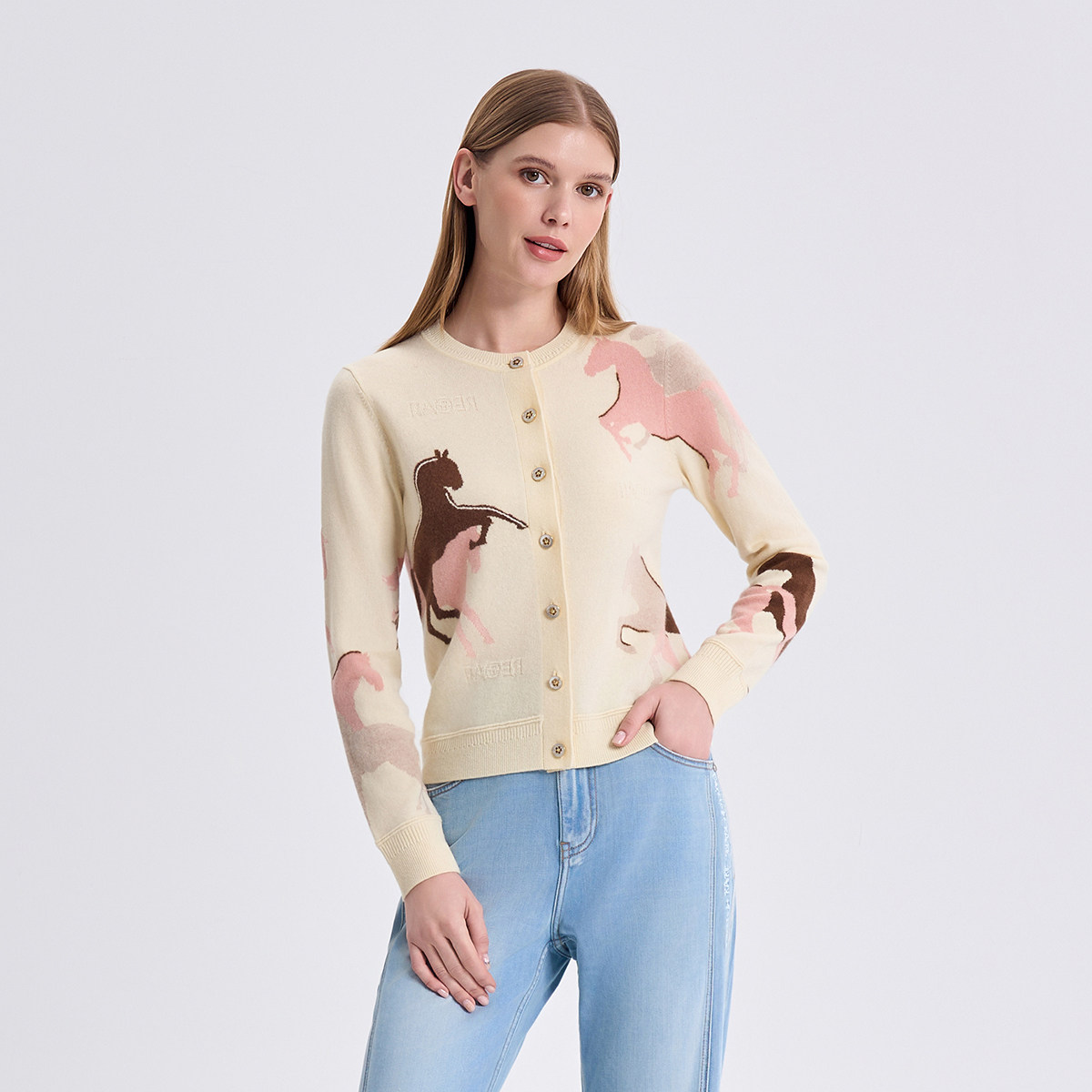 RARE威雅女装2026春夏新款羊毛混纺针织衫外套女生肖马提花毛开衫,女装/女士精品,毛针织衫,淘宝优惠券,粉丝福利购,淘宝优惠卷