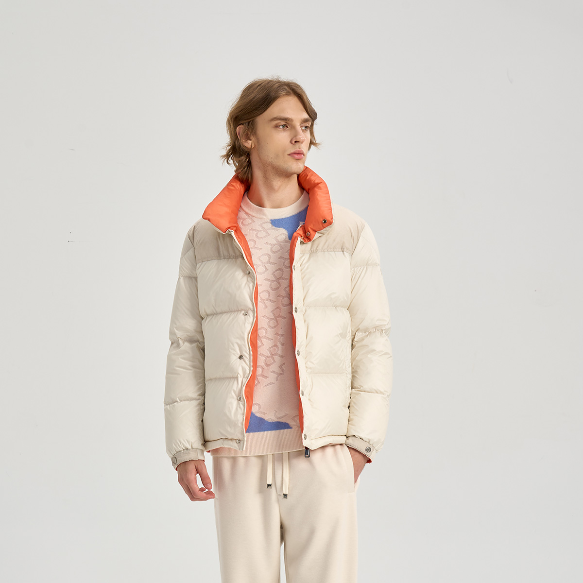 RARE威雅男装 2025冬季新款立领外套加厚保暖男士米色鹅绒羽绒服