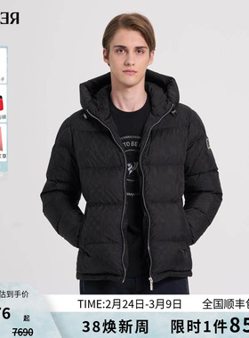 RARE威雅男装冬季新款提花款黑色保暖连帽外套男士加厚鹅绒羽绒服