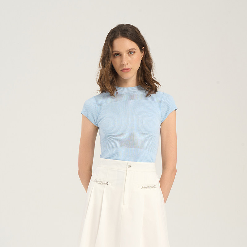 RARE威雅女装 夏季新款薄款镂空圆领T恤女士半高领短袖毛衫