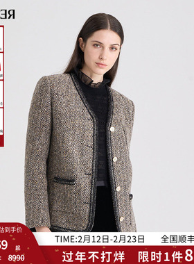 RARE威雅女装 秋冬新款金棕人字纹花呢短款夹克外套RR2246160104