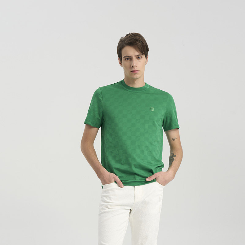 RARE威雅男装夏季新款 满版格纹暗提花绿色休闲圆领短袖T恤男