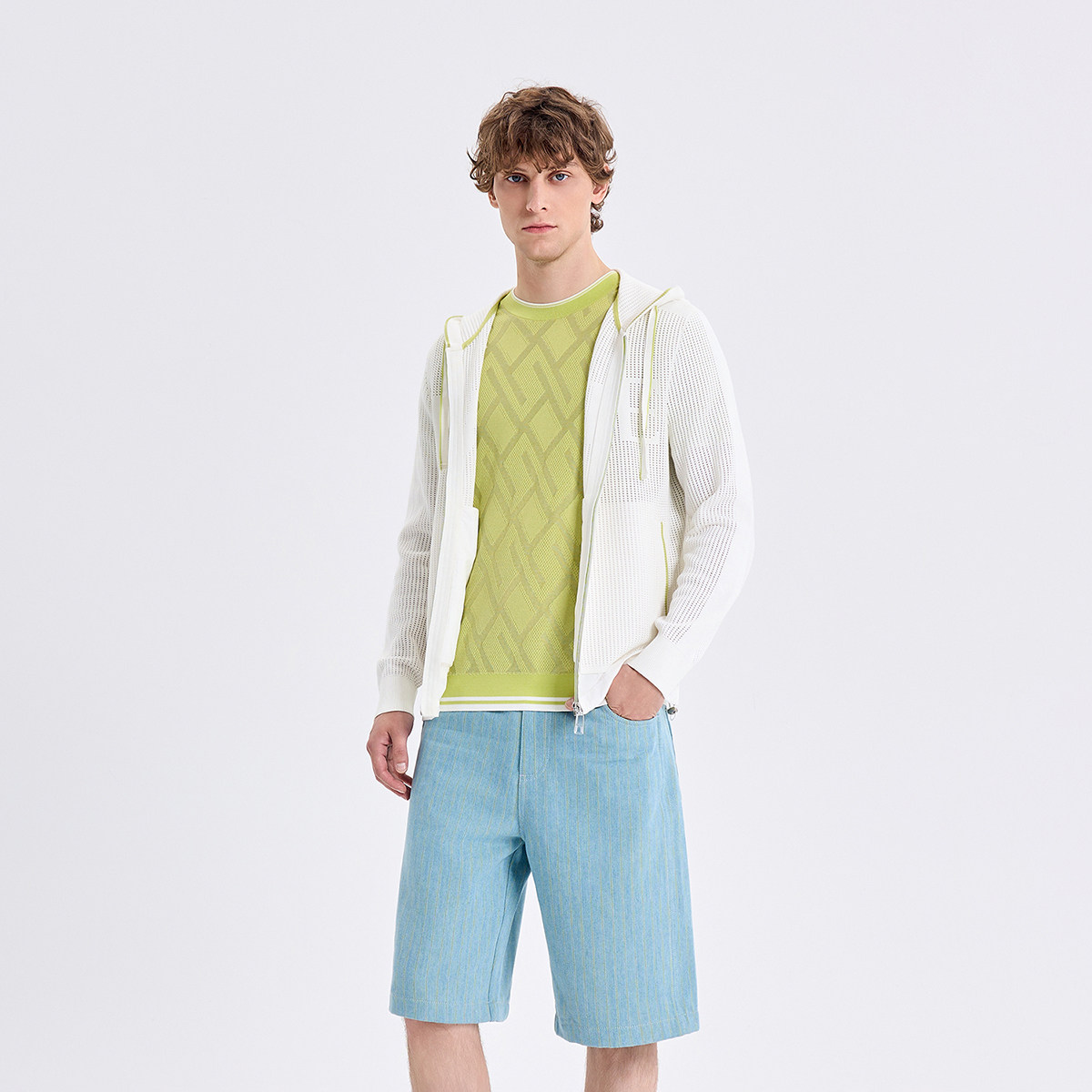 RARE威雅男装2026夏季新款长袖毛开衫镂空肌理款针织连帽开衫外套