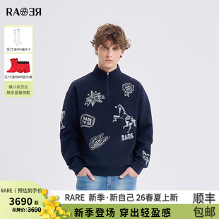 RARE威雅男装 仿手绘绣花钉珠藏青色半拉链套头卫衣男 2026春夏新款