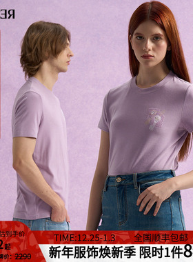 情侣款RARE威雅2025秋季蓄热磨毛短袖男女植绒刺绣工艺紫色T恤