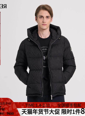 RARE威雅男装冬季新款提花款黑色保暖连帽外套男士加厚鹅绒羽绒服