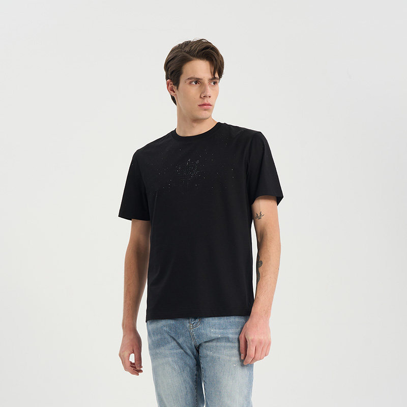 RARE威雅男装 夏季新款 散落不规则烫钻男士黑色圆领短袖T恤